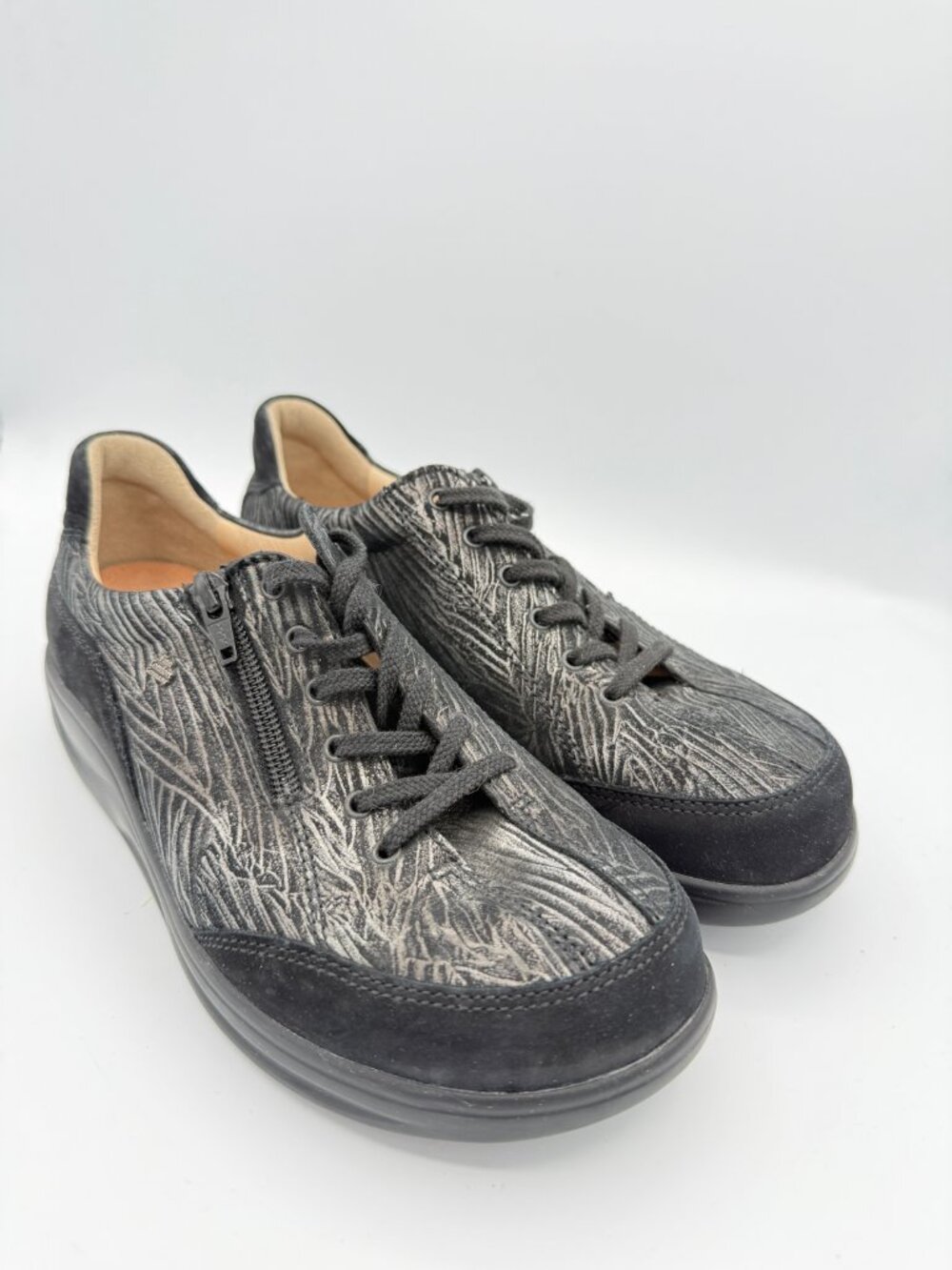 Finn Comfort Black Silver Leather Suede Sneakers Removable Insole US 7.5